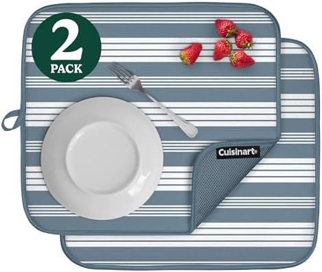 Cuisinart Dish Drying Mats for Kitchen Counter - (2) 16" x 18" Ultra Absorbent Kitchen Dish Drying Mat - Mesh Backing, Foldable, Machine Washable, Fast Drying Dish Mat (Solid Stripes)