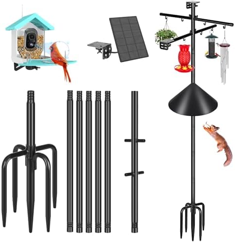 Gtongoko Squirrel Proof Smart Bird Feeder Pole for Outdoors 107 Inch 1 Inch Diameter Bluebird House Pole with 2 Platform and 8 Hooks for Bird Feeder with Camera Adjustable Heavy Duty Mounting Pole
