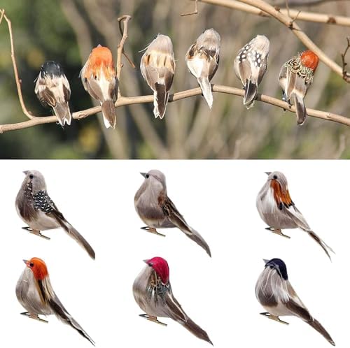 6pcs Artificial Birds Realistic 3.9-Inch Simulation Foam Feather Sparrow Bird Clip on Ornaments for Christmas Decoration Craft Wedding Party Accessories