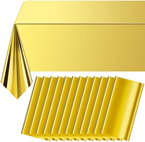 12Pack Gold Foil Plastic Tablecloth,Rectangular Shiny Table Cloth Metallic Disposable Party Table Cover for Graduation Wedding Birthday Baby Shower Anniversary New Year Party Decorations,54x108 inch