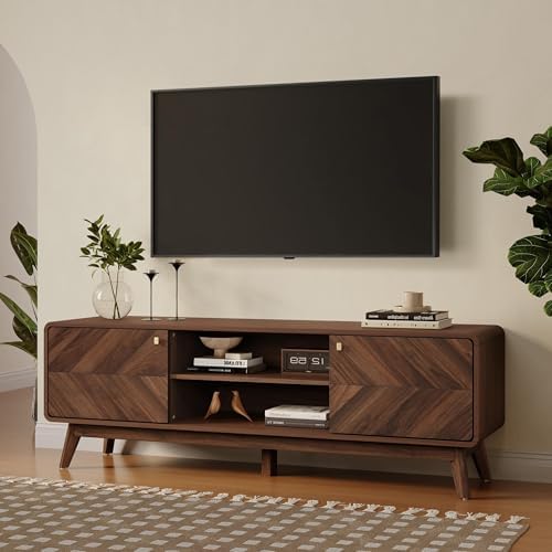 LuxenHome Mid Century Modern TV Stand, 63" TV Stands for Living Room for TVs up to 65", Entertainment Center with Storage, Wood TV Console with Tapered Legs, Television Stands