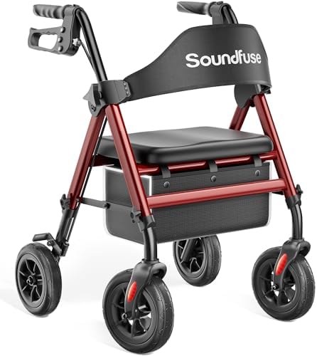 Rollator Walkers for Seniors with Seat, Foldable Lightweight Rolling Walker with 8" Big PU Wheels, Ergonomic Seat, Dual Height Adjustment