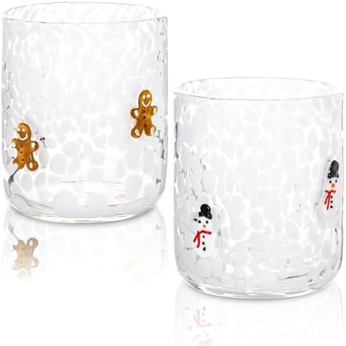 2 Pcs Christmas Icon Glass Cups Set-14 oz Gingerbread Man and Snowman Icon Wine Glasses Double Old Fashioned Icon Hand blown Cocktail Glasses Drinking Cups for Holiday Party Supplies and Lovely Gift