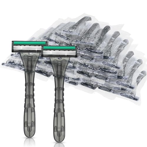 3 Blade Disposable Razors,Three Triple Stainless Steel Blade Individually Wrapped Grey Disposable Razors Bulk for Hotel,Airbnb,Bnb,Travel,Homeless and Tattoo (1 Count (Pack of 50))