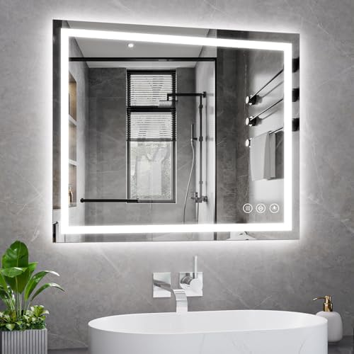 Koonmi 30x36 LED Bathroom Mirror, Backlit + Front Lit, LED Bathroom Mirror with Lights for Wall, 3 Colors, Anti-Fog, Dimmable Brightness, Memory Function, Tempered Glass