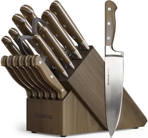 Knife Set, Astercook 17-Pieces Forged Kitchen Knife Block Set – Full-Tang Stainless Steel Knives, Forged Triple Rivet, Luxury Walnut Handles, Gift-Ready Collection