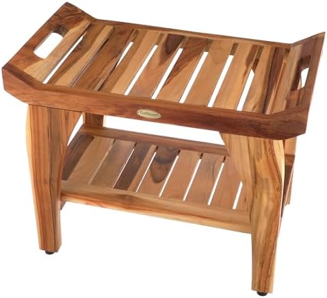 EcoDecors 24 Inch Tranquility Natural Color Waterproof Teak Wood Shower Bench Stool Seat Chair For Inside Shower Storage Shelf Provides Safety, Storage, and Organization For Bathroom Accessories