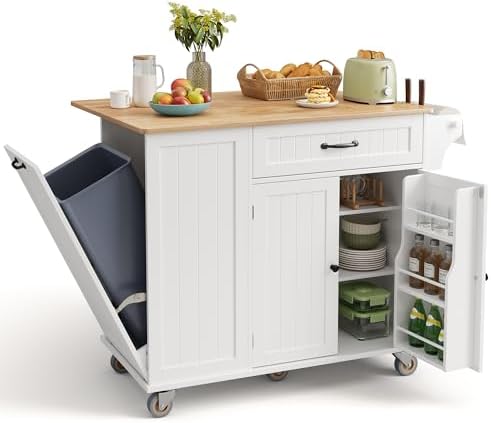 Ahomly Kitchen Island with Storage, 44.49" Kitchen Island with Trash Can Storage, Drop Leaf Rubberwood Top, Knife Holder, Adjustable Shelf, Towel Bar, Drawer, Spice Rack, White