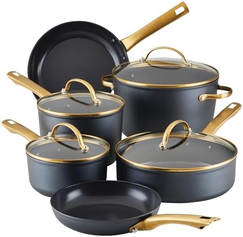 Farberware Forged Induction Ceramic Nonstick Pots and Pans Set with Lids and Kitchen Cooking Tools - Dishwasher Safe, Suitable for All Stovetops, 12 Piece Cookware Set - Black and Gold