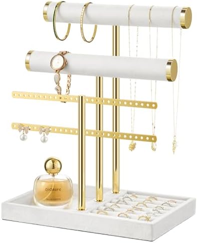 3 Tier Bracelet Holder Display - Detachable T Bar White Velvet Bracelet Holder, Jewelry Holder Organizer for Bracelet, Necklace, Earrings, Rings