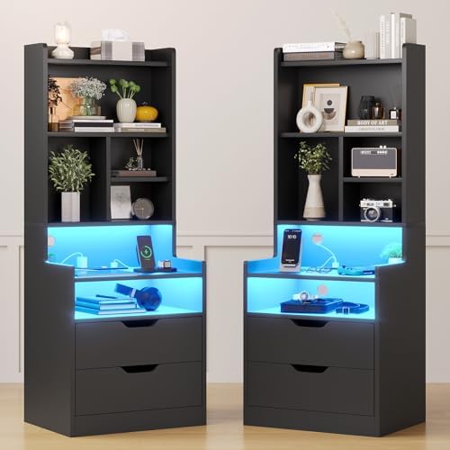 ADORNEVE Charging Nightstand Set of 2 with LED Lights,Tall Night Stand with Bookshelf,Bedside Table with Drawers,Black Side Tables Bedroom