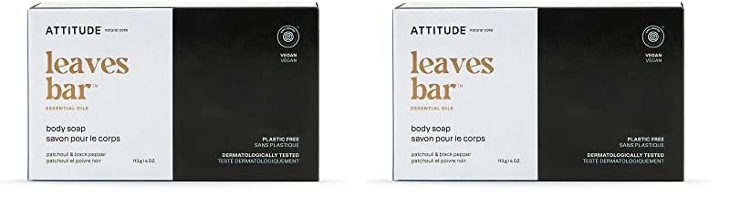 ATTITUDE Bath and Shower Body Soap Bar, EWG Verified, Plastic-free, Plant and Mineral-Based Ingredients, Vegan and Cruelty-free Personal Care Products, Patchouli and Black Pepper, 4 Ounces (Pack of 2)