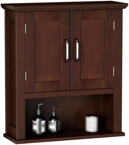 ChooChoo Wood Wall Cabinet with Doors, Medicine Cabinet with Adjustable Shelves Over The Toilet, Rustic Cabinet Wall Mounted for Bathroom, Kitchen, Living Room, Dark Cherry