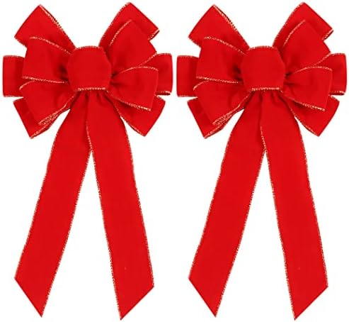 2 Pack Red Christmas Bows Outdoor Decorations,12”x20” Large Christmas Tree Topper Bow, Velvet Wreath Bow with Glitter Gold Edge for Xmas Home Front Door Decor