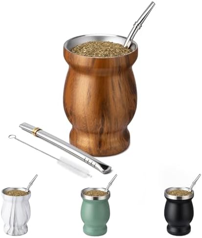8oz Yerba Mate Cup, 304 Stainless Steel Double-Wall Mate Cup, Heat Insulation Yerba Mate Gourd, Tea Cup Set Includes Cleaning Brush & 2 Bombillas (Wood)