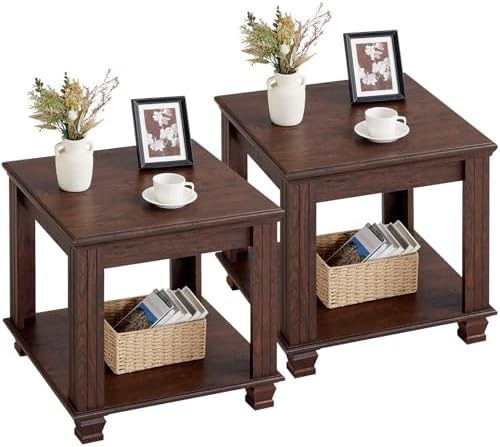 Farmhouse End Table Set of 2,Large Side Table with 2-Tier Storage Shelf,Rustic Brown End Tables for Living Room,Square Tea Table,Walnut