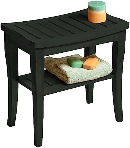 Bamboo Shower Bench Spa Stool - Wood 2-Tier Seat, Foot Rest Shaving Stool with Non-Slip Feet + Storage Shelf - Seat or Organizer for Bathroom, Living Room, Bedroom and Garden Décor (Black)