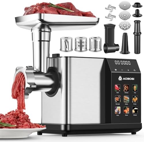AAOBOSI Multifunctional Digital Meat Grinder Electric 3000W Max w/ 9 Touch Screen Presets, Auto-Reverse & Built-in Storage -Grinding, Sausage & Kibbe & Grate Cheese Making for Home Use