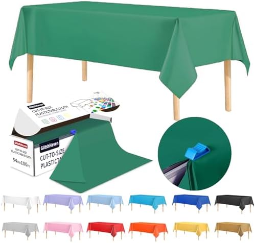 54 Inch X 100 Feet Plastic Table Cover Roll Disposable Tablecloth with Slide Cutter for All Type/Shape Tables | Table Cover for Party, Picnic, Banquet & Outdoor Activities (Green)