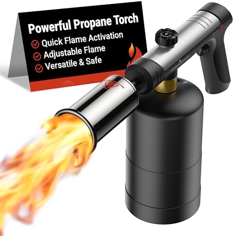 Propane Torch with One-Touch Max Fire, Cooking Blow Torch Gun with a Safety Lock, Charcoal Lighter, Flame Thrower, Kitchen Food Torch Head for Grill, Sous Vide, BBQ (Tank Not Included)