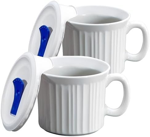 CorningWare 2-Pack 20oz Ceramic Meal Mugs with BPA-Free Vented Lids, French White