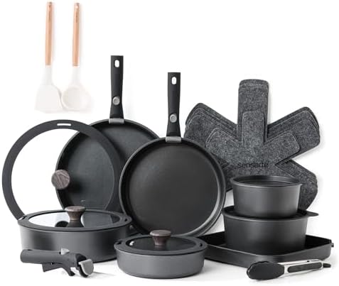 SENSARTE 24 Piece Pots and Pans Set, Nonstick Detachable Handle Cookware, Induction Kitchen Cookware Set with Removable Handle, Healthy Non Stick for RV, Dishwasher＆Oven Safe (Black)