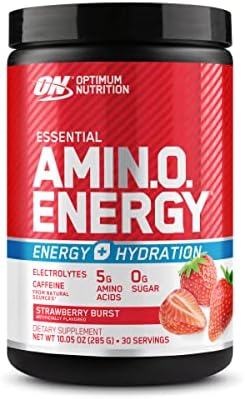 Optimum Nutrition Amino Energy Powder Plus Hydration, with BCAA, Electrolytes, and Caffeine, Strawberry Burst, 30 Servings (Packaging May Vary)