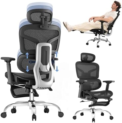 Ergonomic Office Chair with 5-Level Adjustable Backrest,Adaptive Lumbar Support,3D Adjustable Headrest, 3D Armrests,Breathable Mesh Cushion with Retractable Footrest
