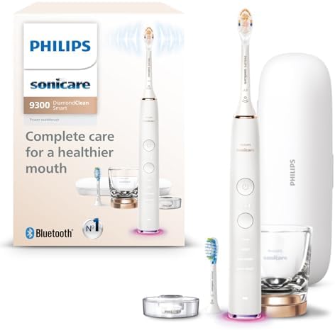 Philips Sonicare DiamondClean Smart 9300 Electric Toothbrush, Sonic Toothbrush with App, Pressure Sensor, Brush Head Detection, 4 Brushing Modes and 3 Intensity Levels, Rosegold, Model HX9903/65
