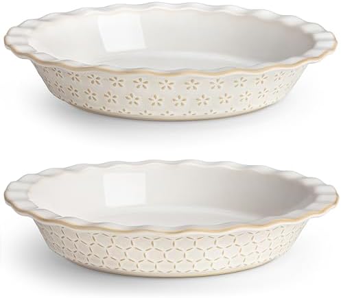 MALACASA 9 Inch Pie Pan, Embossed Deep Dish Plate, 45 OZ Round Quiche Baking Dish for Oven, Fluted for Apple Pie and Quiche, Set of 2, Series LYDIA