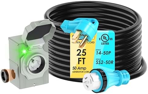UL Listed 50 Amp 25FT Generator Cord and Power Inlet Box Combo Kit NEMA 14-50P Male to SS2-50R STW 6/3+8/1 AWG 125/250V Twist Locking with Inlet Box for Generator to House