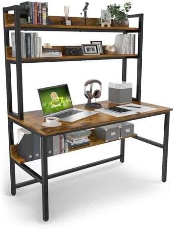 Aquzee Computer Desk with Hutch, 47“W x 23.6" D Desk with Shelves, Tall Home Office Desk with Bookshelf, Metal Legs Study Table with Upper Storage Shelf for Study Writing/Workstation