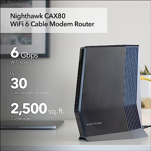 NETGEAR Nighthawk Cable Modem with Built-in WiFi 6 Router (CAX80) - Compatible All Major Providers incl. Xfinity, Spectrum, Cox | Plans Up to 6Gbps AX6000 speed DOCSIS 3.1, Black