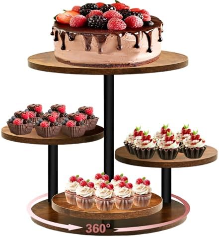 4 Tier Cupcake Tower Stands for 50 Cupcakes,360° Rotatable Round Cup Cake Stand with Tiered Tray,Farmhouse Wooden Dessert Table Display Stands for Wedding Birthday Baby Shower Tea Party