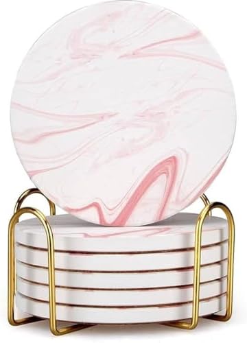 Cute Pink Marble Coasters Set of 6 Pack Stone Coffee Table Decor Absorbent Ceramic Cup Coaster with Holder Decorative Tea Bar Accessories Gift Kitchen Desk Coster Drink Modern Funny Aesthetic Coasters