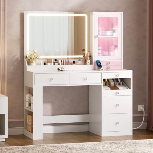 Makeup Vanity Desk with Mirror and Lights & Large LED Cabinet, Vanity Table with 2 Jewelry Boxes, 6 Drawers, and Built-in Shelves, Dressing Table with Power Outlets for Women Girls Bedroom, White