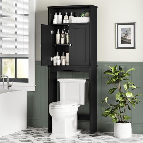 Over The Toilet Storage Cabinet, Over The Toilet Storage with Adjustable Shelf and Double Doors, Above Toilet Storage Cabinet for Bathroom Storage Over Toilet Bathroom Organizer (Black)