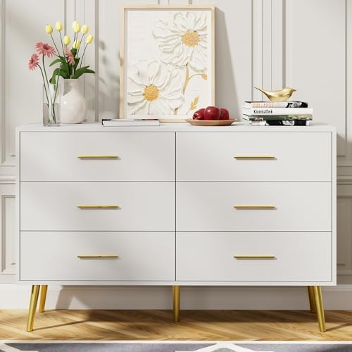 LYNSOM White 6 Drawer Dresser for Bedroom with Gold Handles, Modern Chest of Drawers, Wooden Dressers Organizer for TV Stand,Living Room, Hallway, Entryway