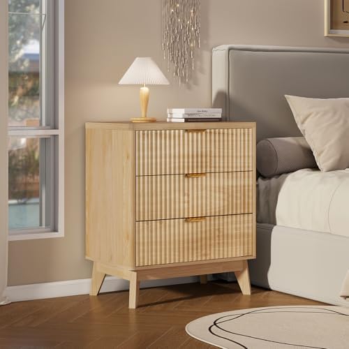 LYNCOHOME Fluted Nightstand with 3 Drawers, Modern Wood Chest of Bedside Table with Curved Profile, Fluted Dresser Organizer for Bedroom