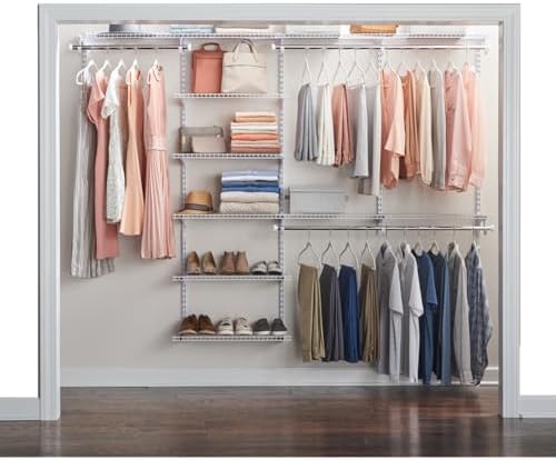Rubbermaid Configurations Deluxe Custom Closet Kit 4-8Ft. Adjustable Metal Wire Shelving White Finish Expandable Organization System Hardware Included for Home Closet/Pantry/Laundry/Mudroom