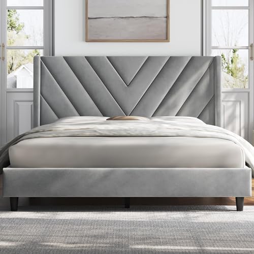 Yaheetech Full Bed Frame Upholstered Platform Bed with Wing Side Tufted Headboard/Sturdy Wooden Slat Support/No Box Spring Needed/Mattress Foundation,Light Gray Full Bed