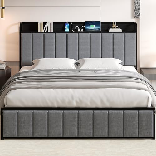 VECELO Full Bed Frame, Storage Upholstered Headboard with Charging Station, Platform Bedframe, Heavy Duty Metal Slats, No Box Spring Needed, Noise-Free, Easy Assembly, Classic Grey