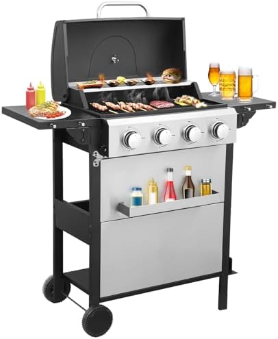 4 Burner Propane Gas Grill with Spice Rack, Foldable Side Tables, Durable Lid, Stainless Steel Burners, Built-in Thermometer, 34,200 BTU Gas Grill for Patio, Garden BBQ