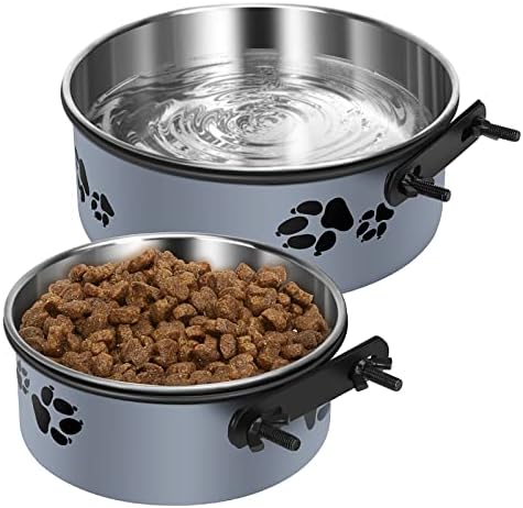 Kennel Water Bowl, ShineMe Stainless Steel Pet Food and Water Feeder Dishes - Attachable Dog Crate Bowls Hanging 2 Pack No Spill for Medium & Large Dogs (7.1x2.9” & 6.2x2.6”)