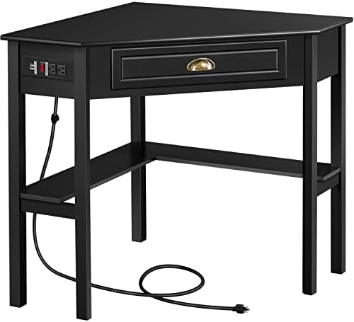 Yaheetech L Shaped Computer Desk Corner Table with Charging Station Outlets for Small Space, 90 Degree Triangle Desk Home Office Table with Drawer and Storage Shelf for Workstation, Living Room, Black