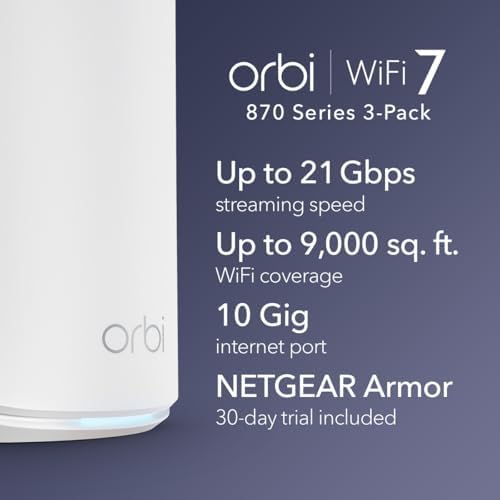 NETGEAR Orbi 870 Series Tri-Band WiFi 7 Mesh System (RBE873) - Router + 2 Satellite Extenders, Security Features, Up to 21 Gbps, Covers Up to 9,000 Sq. Ft., 150 Devices, 10 Gig Internet Port, BE21000