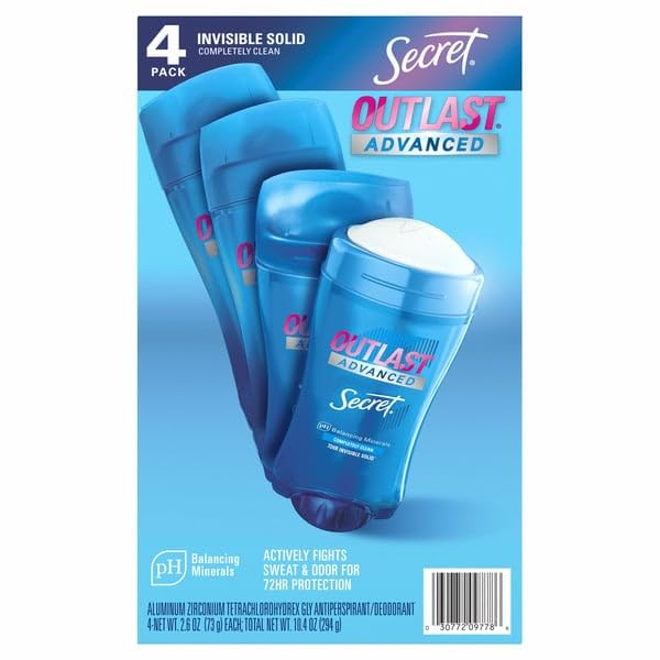 Secret Outlast Advanced Antiperspirant Deodorant 2.6oz, 4-Pack, Sweat & Ordor Protection for Women, PH Balancing Minerals, Invisible Solid Completely Clean