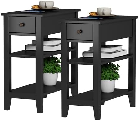 ChooChoo Side Table Living Room Set of 2, Narrow End Table with Drawer and Shelf, 3-Tier Sofa End Table for Small Space