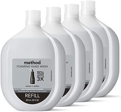 Method Premium Foaming Hand Wash Refill, Vetiver + Amber, Recyclable Bottles, Biodegradable Formula, 28 fl oz (Pack of 4) (Packaging May Vary)