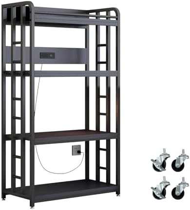 Adjustable 4-Tier Heavy Duty Kitchen Baker's Rack with Power Outlet, with Industrial Wheels, Free Standing Microwave Oven Cart Stand for Storage, Garage, Mini Fridge Stand, Black